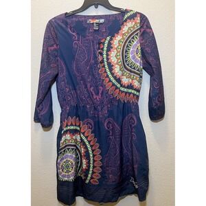 Desigual Rainbow Long Sleeve Mini‎ Dress Size 44 Blue Geometric Paisley Eclectic